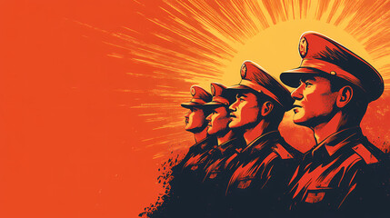 Strength in Unity: Four officers stand tall against a vibrant, sun-drenched backdrop. A stylized, artistic representation of resolve, camaraderie, and shared purpose. 