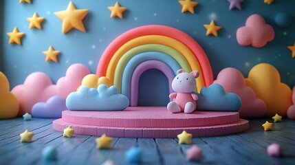 Cute Bunny Sitting Underneath Pastel Rainbow