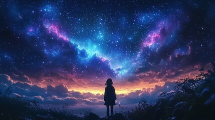 Fototapeta premium Girl Silhouetted Against A Vivid Starry Night Sky