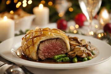 Delicious beef wellington with mushrooms and green beans for christmas dinner