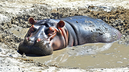 Fototapeta premium Hippopotamus in mud pit, African savanna landscape. Possible use wildlife documentary