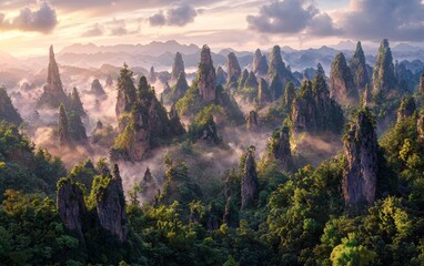 Majestic mist-covered mountains rising above lush green valleys at dawn in a breathtaking natural landscape