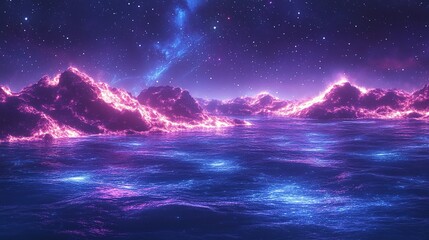 Fototapeta premium Glowing Mountains Across a Starry Night Sea