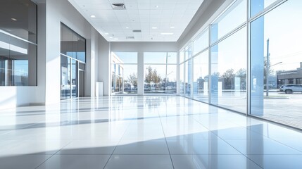 Empty modern retail showroom interior with large windows overlooking city street. Potential use Stock photo for commercial real estate, architecture, or interior design
