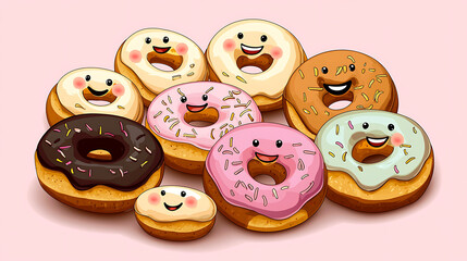 Obraz premium A row of cartoon donuts with sprinkles on them. generated using AI