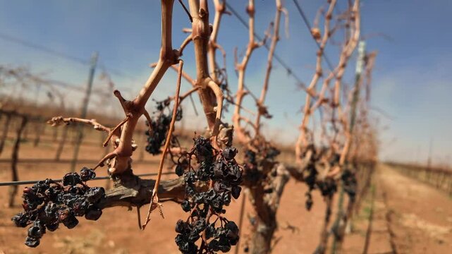 Vi&ntilde;edo en epoca de sequia, uvas secas por el calor en epoca de poca agua, campo de uvas seco