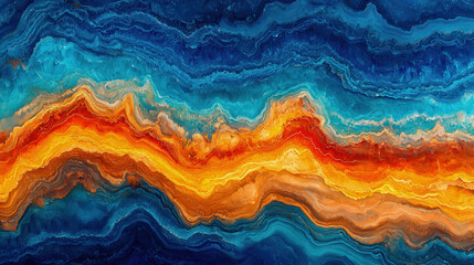 Fototapeta premium An abstract composition showcases flowing patterns in shades of blue, orange, and gold. The image evokes a sense of motion and natural beauty, resembling geological formations.