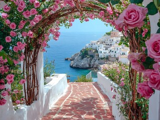 Fototapeta premium A white arch with pink roses frames a cliffside path, an ocean, and a quaint town in southern Italy
