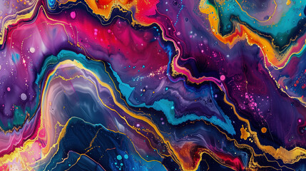 Bold and vivid swirls of color blend and flow together, creating an abstract representation of a cosmic landscape with hints of gold and deep hues.