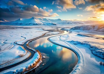 Naklejka premium Iceland Winter Landscape: Aerial View of River, Road & Mountains with Bokeh