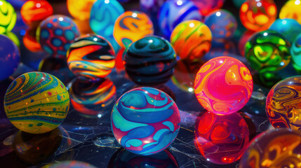 An assortment of brightly colored marbles with swirling patterns is beautifully arranged on a reflective surface, showcasing an enchanting mix of colors and designs.
