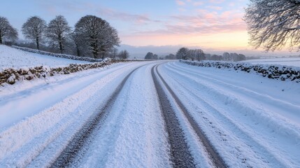 Obraz premium Winter Road, Snowy Landscape, Sunrise, Tranquil Scene. Possible Use Stock photo