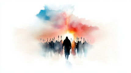 Joshua leading the Israelites into battle with divine light shining ahead, symbolizing faith, courage and victory through God’s power. Digital watercolor painting