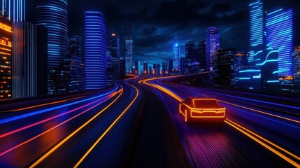 Naklejka premium A futuristic neon-lit cityscape at night featuring a glowing car on a winding road