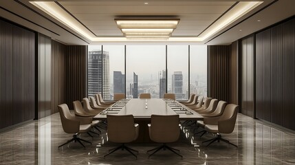Modern Executive Boardroom Overlooking City Skyline