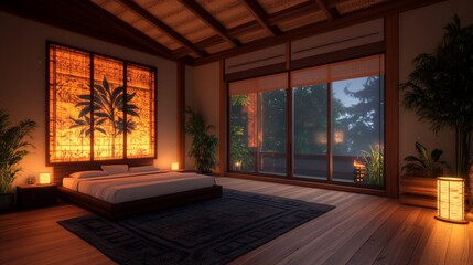 Serene bedroom with warm lighting, featuring a bed, large window, and Asian-inspired decor. Tranquil atmosphere.