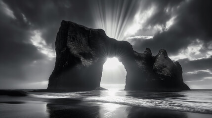 A striking rock formation juts out from the shoreline, silhouetted against a fiery sunset. Dark clouds surround the scene, with rays of light breaking through, illuminating the ocean waves.