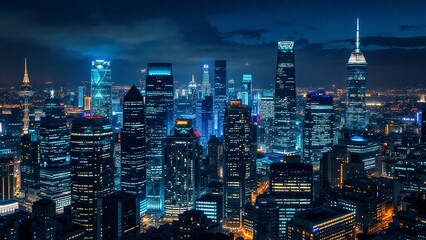 Fototapeta premium Illuminated Futuristic Cityscape with Skyscrapers and Neon Lights at Night, Urban Illustration PC, Laptop Wallpaper