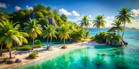 Obraz premium Idyllic Tropical Cove: Miniature Palm Trees & Turquoise Waters - Tilt-Shift Photography