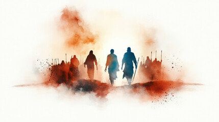 Joshua leading the Israelites into battle as the sun stands still, symbolizing divine intervention and victory through faith. Digital watercolor painting