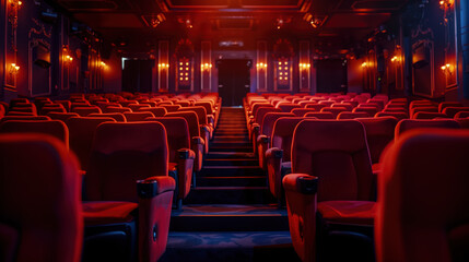 Rows of plush red seats create a striking contrast with soft golden lighting in a dimly lit theater, inviting anticipation for an upcoming show in a cozy atmosphere.