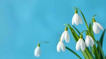 Obraz premium Delicate snowdrop flowers bloom against a soft blue background, showcasing their pure white petals and green stems.