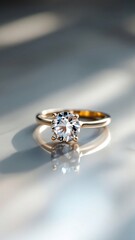 Elegant Diamond Engagement Ring On A Glossy Reflective Surface With Subtle Light Play, Photograph