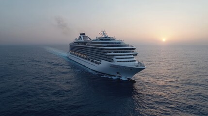 Naklejka premium Cruise ship sailing at sunset, ocean view, calm sea, travel