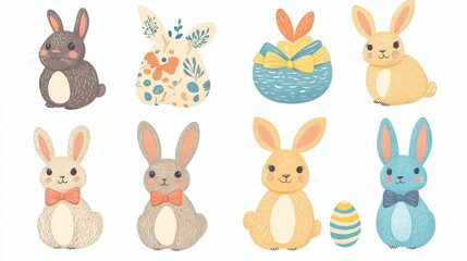 Obraz premium Easter bunny set, cute festive rabbits with decorative bows. Holiday collection of minimalistic style animals. Hand drawn flat design vector illustration.