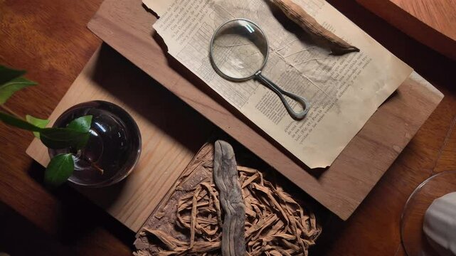 Lupa sobre una hoja vieja en una mesa de madera