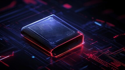 A futuristic electronic component illuminated with neon red and blue lights, surrounded by intricate circuits. This abstract design conveys innovation, technology, and modernity.