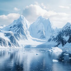Fototapeta premium Arctic Mountains, Icebergs, Frozen Fjord, Sunlight