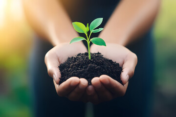 Nurturing Growth: A tender pair of hands cradles a tiny seedling, nestled in rich soil, representing the delicate balance of nature, growth, and the promise of new life