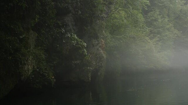 Misty river flowing through rapids. Movie like slow motion of free water rushing down the stream, wet, haze, mist. Spooky river, focus on the water edge.