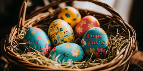 Collection of colorful Easter egg in basket with words "Happy Easter".