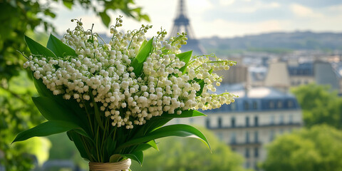 Flowering lily of the valley on a street of Paris. French tradition to offer lily of the valley on the 1st of May, International Workers Day which is a public holiday in France.