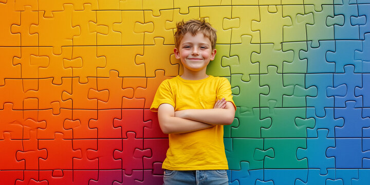 Boy standing in front of rainbow colored puzzle wall. ASD, autism spectrum disorder, Asperger's syndrome awareness concept