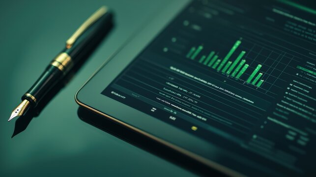A sleek tablet displaying data analytics and graphs, accompanied by a sophisticated fountain pen, all set against a dark green background.