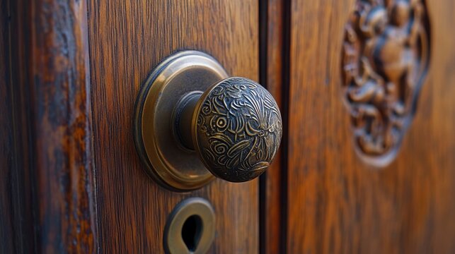 Ornate brass door knob on a wooden door