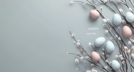 Fototapeta premium Easter Delight: A captivating Easter composition featuring pastel-colored eggs nestled among delicate branches, set against a minimalist backdrop, radiating joy and renewal.