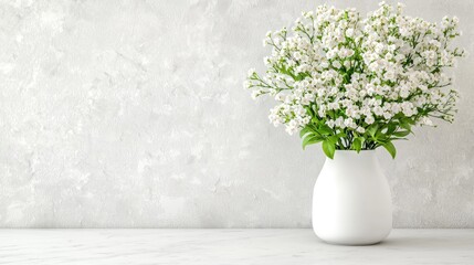Fototapeta premium Fresh baby's breath flowers in a white ceramic vase on a marble table against a textured grey wall.