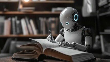 An advanced robot diligently writes in a book, symbolizing the remarkable evolution of artificial intelligence and sophisticated language models within the realm of literature and creative expression
