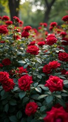 Vibrant Red Rose Garden with Blooming Flowers and Green Leaves in Soft Natural Light, Nature Photography Phone Wallpaper