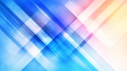 Fototapeta premium Abstract geometric background with vibrant blue, pink, and yellow hues. Diagonal lines and translucent shapes create a dynamic, modern design.