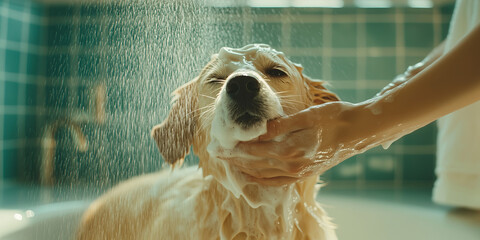Obraz na płótnie Canvas Dog taking bath at domestic bathroom