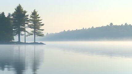 Serene Morning Mist Over Calm Lake With Three Pines