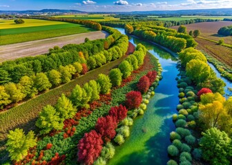 Naklejka premium Invasive Japanese Knotweed by Burgenland River, Austria - Drone Aerial View