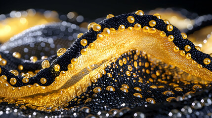 Abstract close-up of black and gold fabric with textured beads, dramatic lighting