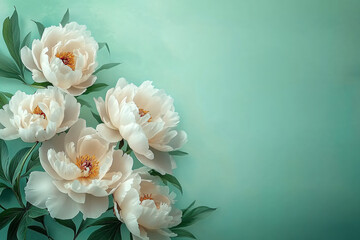Obraz premium Elegant white peonies blossom gracefully in a tranquil turquoise scene, perfect for Mother's Day, Valentine's Day, or spring-themed designs. Ample copy space included.