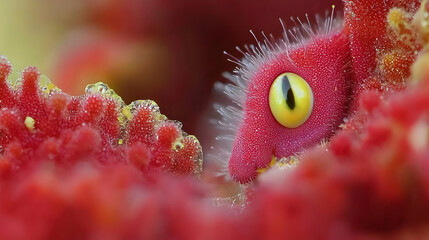 Obraz premium Tiny creature hides in vibrant red flower, macro photography, jungle background, nature poster